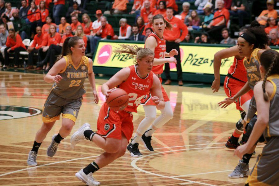Mollie Mounsey (24) drives towards the basket, during CSU's game against Wyoming. The Rams fall short 60-49. (Devin Cornelius | Collegian)