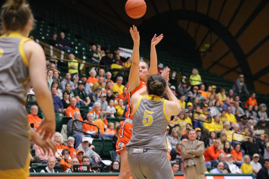 Tatum Neubert (44) fires a shot from the three point line, as the Rams battle the Cowgirls. The Rams fall short 60-49. Devin Cornelius | Collegian)