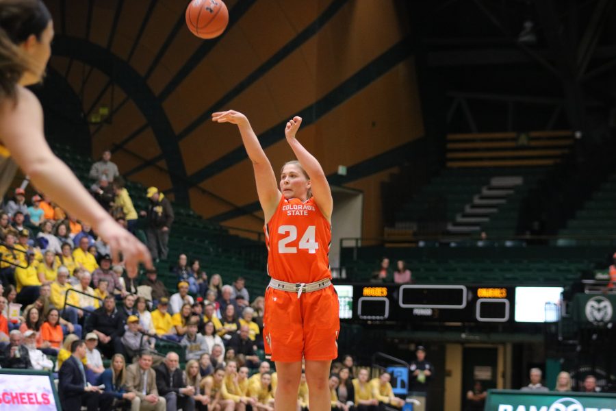 Mollie Mounsey (24) shoots from the three point line, while the Rams battle the Cowgirls. The Rams lose 60-49. (Devin Cornelius | Collegian)