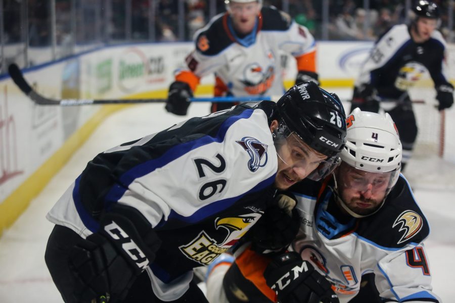 Eagles forward Andrew Agozzino battles for the puck against a San Diego defender during the game Feb. 12 at Budweiser Events Center. The Eagles fell to the Gulls 2-1. (Photo Courtesy of Colorado Eagles)