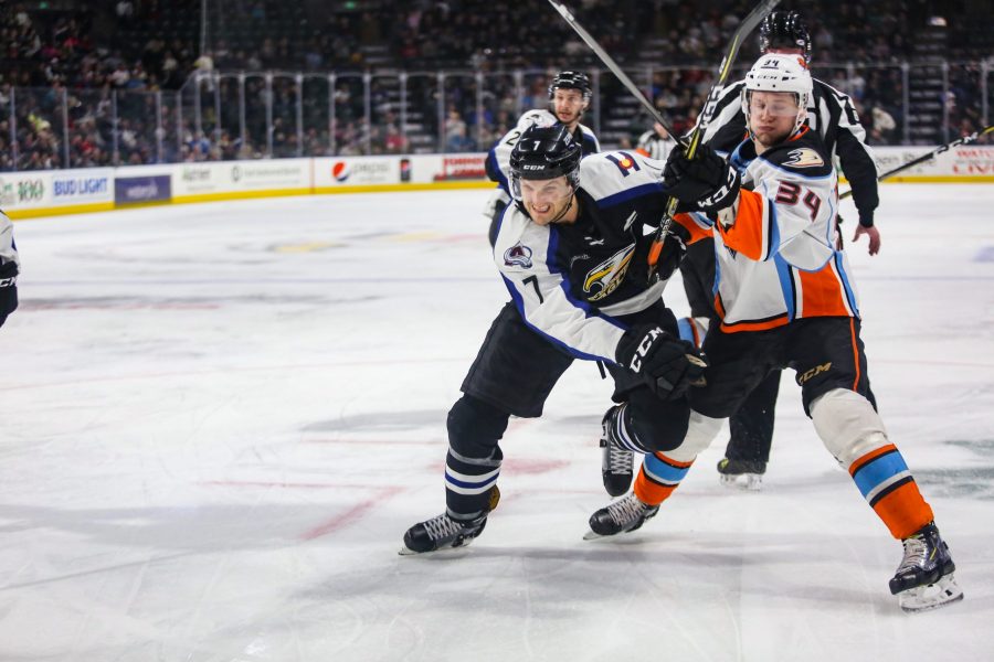 Colorado Eagles captain Mark Alt pushes past a San Diego defender during a Pacific Division matchup at the Budweiser Events Center. (Photo Courtesy of Colorado Eagles)