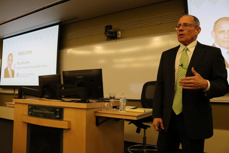 Attorney and CSU business alumnus Ray Boucher speaks at the inaugural Deans Distinguished Leadership Series event on Feb. 21 in Rockwell Wests Bohemian Auditorium (Anna von Pechmann | Collegian). 