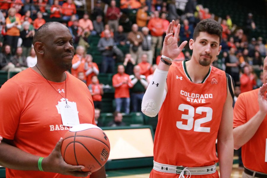 Nico Carvacho (32) waves to the crowd before CSUs game against WYO. Carvacho now holds the all time rebounding record. (Devin Cornelius | Collegian)