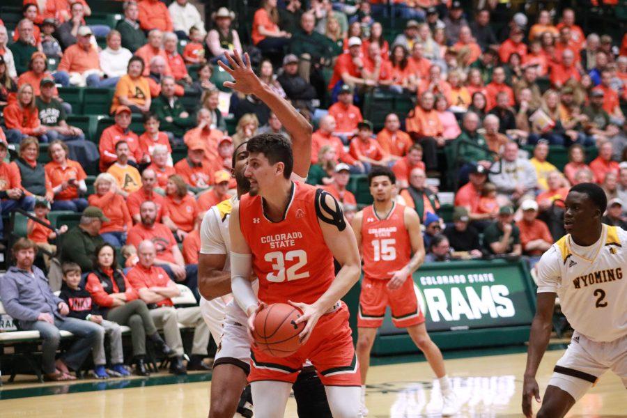 Nico Carvacho (32) looks for an opportunity to score, as CSU takes on WYO. Rams win 83-48. (Devin Cornelius | Collegian)