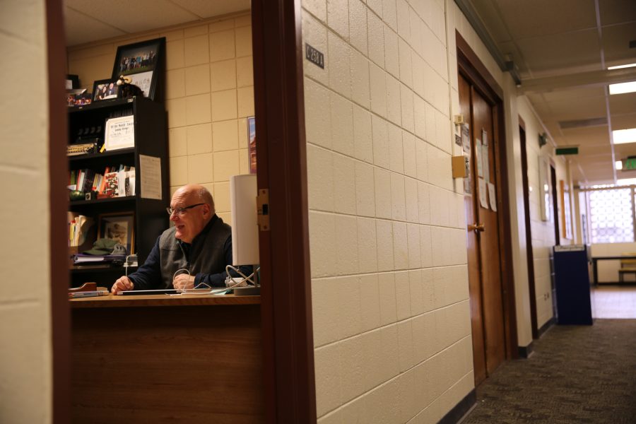 Colorado State University journalism and media communication professor Mike Humphrey talks to students during his office hours in the Clark Building. Humphrey was recently awarded one of CSU's Best Teacher Awards, one of six professors to win. (Forrest Czarnecki | Collegian)