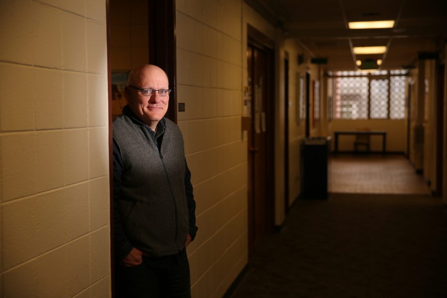 Colorado State University journalism and media communication professor Mike Humphrey poses for a portrait near his office in the Clark Building. Humphrey was recently awarded one of CSU's Best Teacher Awards, one of six professors to win. (Forrest Czarnecki | Collegian)