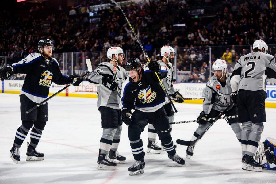 Colorado Eagles forward Dominic Toninato celebrates a goal against the San Antonio Rampage Feb. 26 at the Budweiser Events Center. The Eagles beat the Rampage 5-3. (Photo Courtesy of the Colorado Eagles)