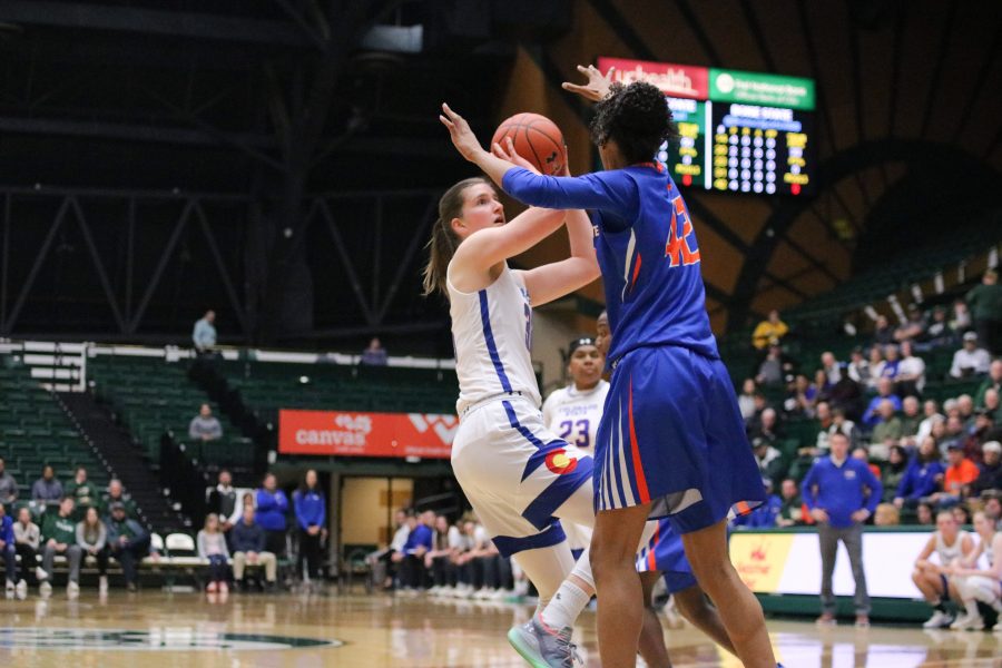 Lore Devos (35) shoots from inside the paint, as the Rams take on the Boise State Broncos at home. CSU falls short in OT 72-63.  (Devin Cornelius | Collegian)