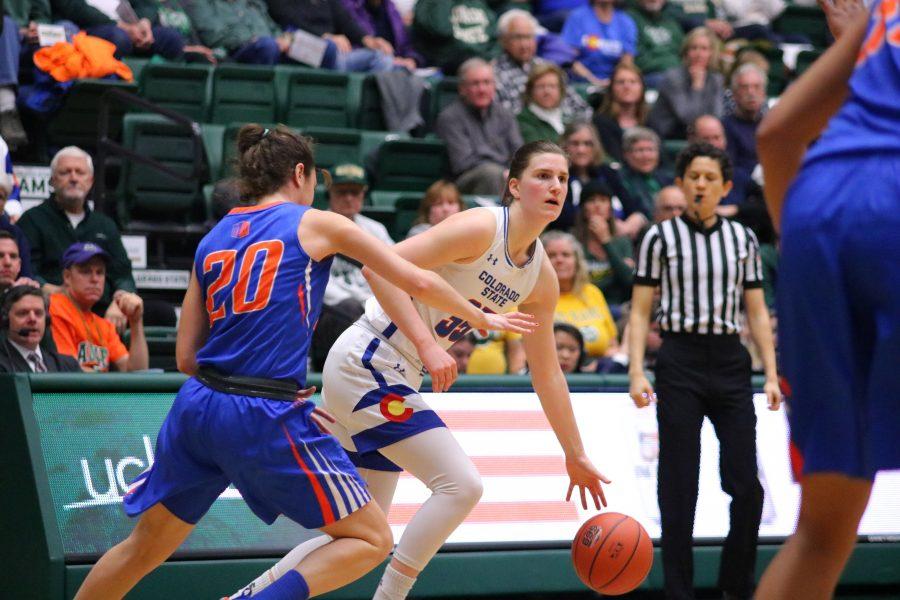 Lore Devos(35) looks across the court for a teammate to pass to, as Colorado State plays Boise State at home. CSU loses in overtime 72-63. (Devin Cornelius | Collegian)