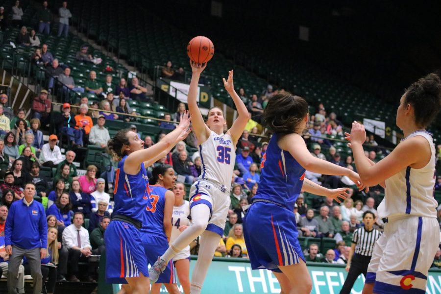 Lore Devos(35) spins and shoots a fade-away from inside the arc, as Colorado State takes on Boise State at home. CSU falls in OT 72-63. (Devin Cornelius | Collegian)