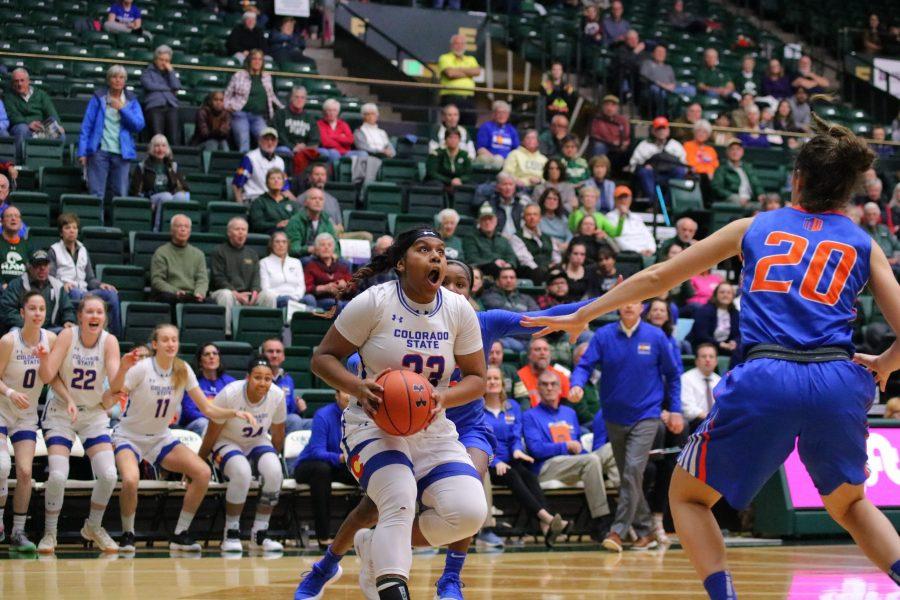 Grace Colaivalu(23) drives towards the basket and prepares to shoot the ball, as Colorado State takes on Boise State at home. CSU falls short in overtime 72-63. (Devin Cornelius | Collegian)