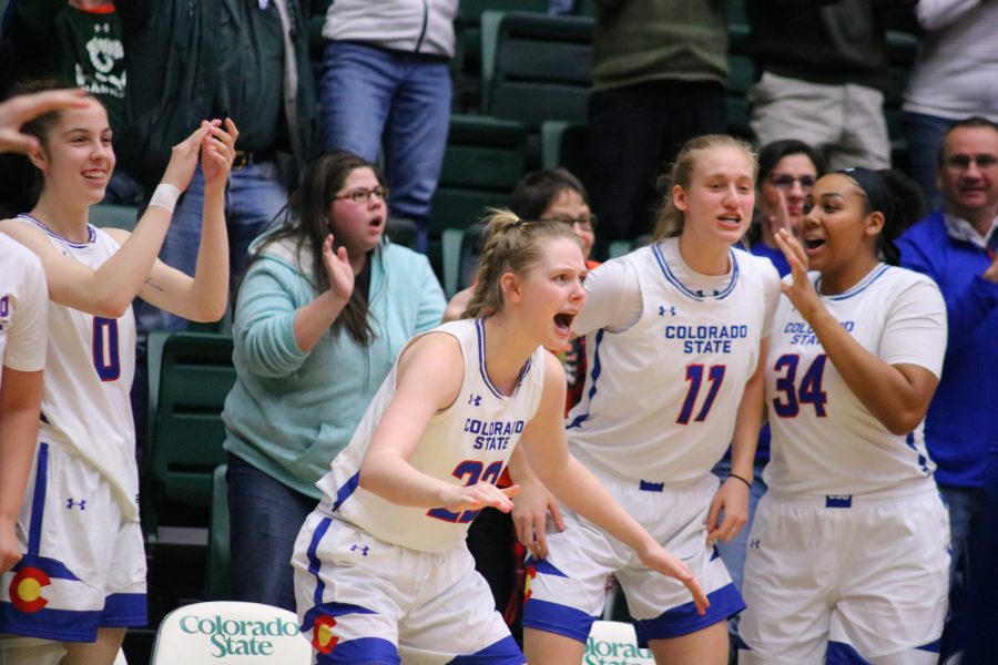 Lauren Brocke(22) and her teammates celebrate after Colorado State scores, tying the basketball game against Boise State at home. CSU falls in OT 72-63. (Devin Cornelius | Collegian)