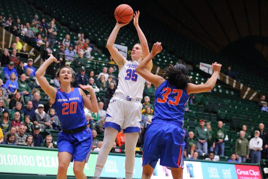 Lore Devos(35) pulls up and shoots the ball during overtime, as CSU fights Boise State at home. CSU falls short in OT 72-63. (Devin Cornelius | Collegian)