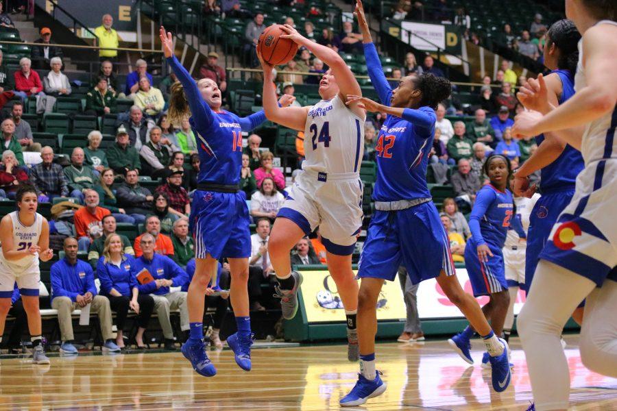 Mollie Mounsey (24) S drives in for a layup, as Colorado State University battles Boise State. CSU falls in ot 73-63.  (Devin Cornelius | Collegian)