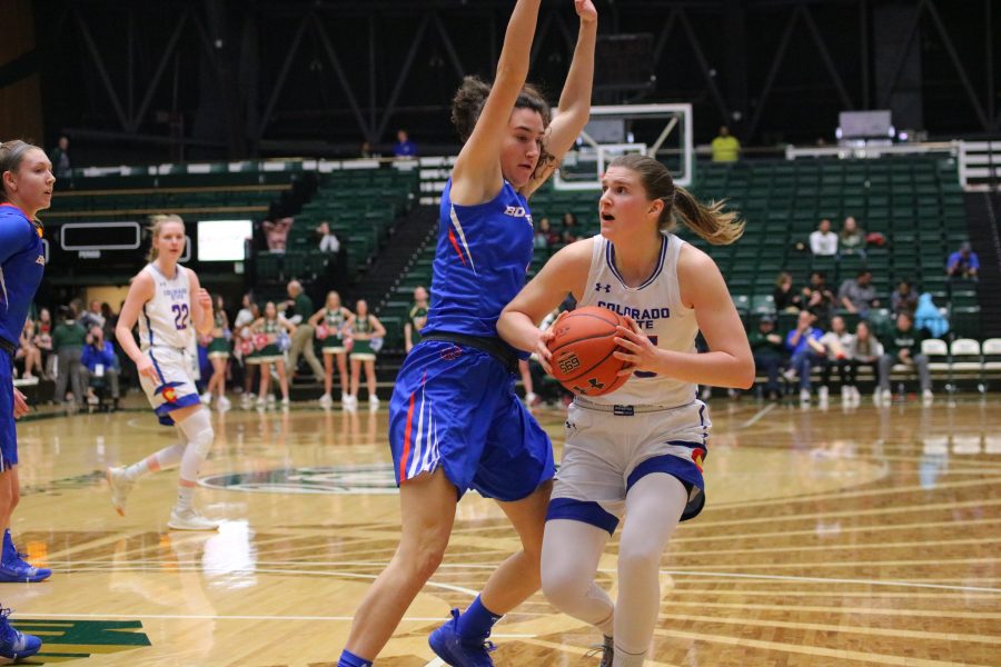 Lore Devos(35) drives to the basket and shoots a layup, as Colorado State University takes on Boise State. CSU falls in OT 72-63. (Devin Cornelius | Collegian)