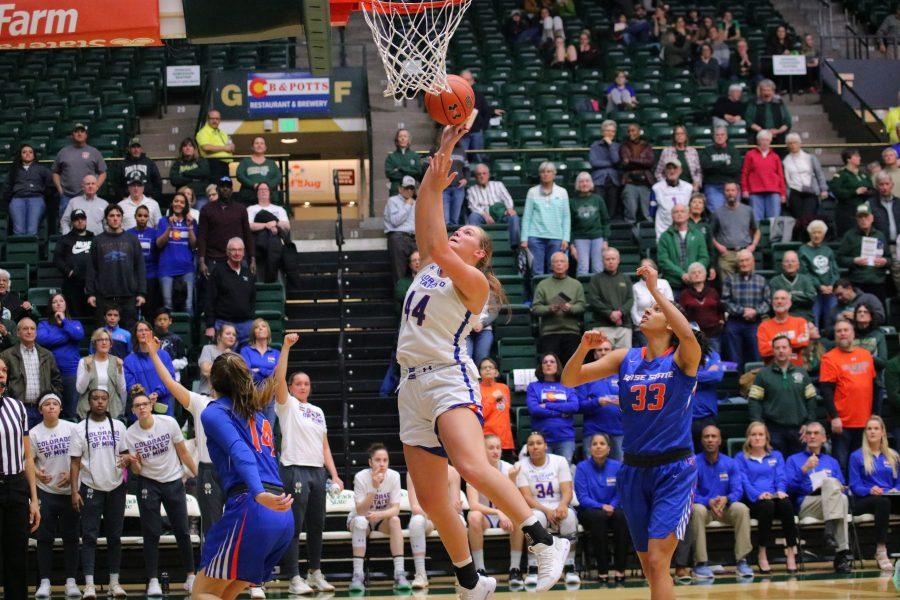 Tatum Neubert(44) shoots a layup, as the Rams take on the Boise State Broncos at home. The Rams fall during OT 72-63. (Devin Cornelius | Collegian)