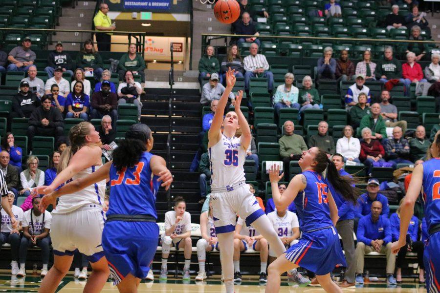 Lore Devos(35) shoots the ball during Colorado State University's basketball game at home vs Boise State. CSU falls in OT 72-63. (Devin Cornelius | Collegian)
