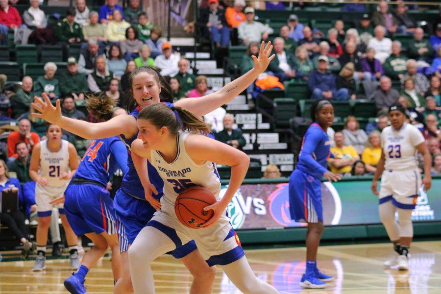 Lore Devos(35) drives towards the basket, during Colorado State's home basketball game vs Boise State. CSU falls in OT 72-63. (Devin Cornelius | Collegian)