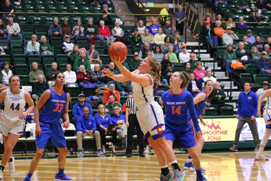 Mollie Mounsey(24) jumps and shoots the ball from inside the paint, as the Rams take on the Boise State Broncos at home. CSU falls in OT 72-63. (Devin Cornelius | Collegian)