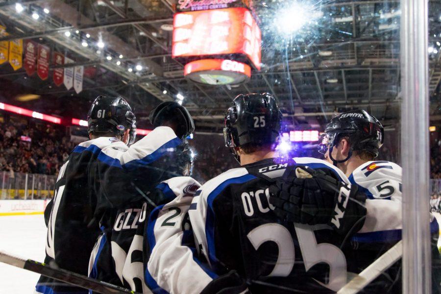 Members of the Colorado Eagles celebrate after scoring a goal during the game against San Antonio Feb. 27 at the Budweiser Events Center. (Photo Courtesy of Colorado Eagles)