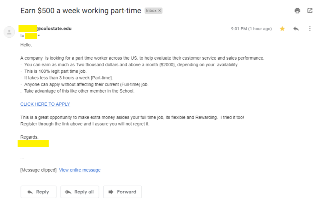 screenshot of fraudulent job offer email