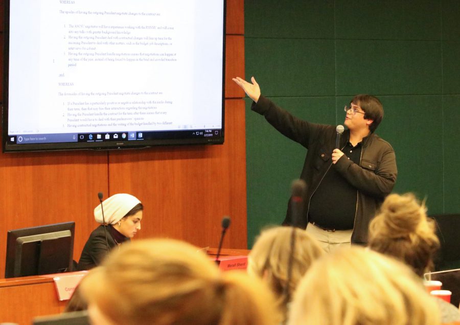 Chief of Staff at ASCSU and author of the Rocky Mountain Student Media Corp.(RMSMC) Resolution Zachary Vaishampayan asks the senators to consider whether they support the outgoing president of ASCSU to negotiate the contract with RMSMC. (Anna von Pechmann | Collegian) 