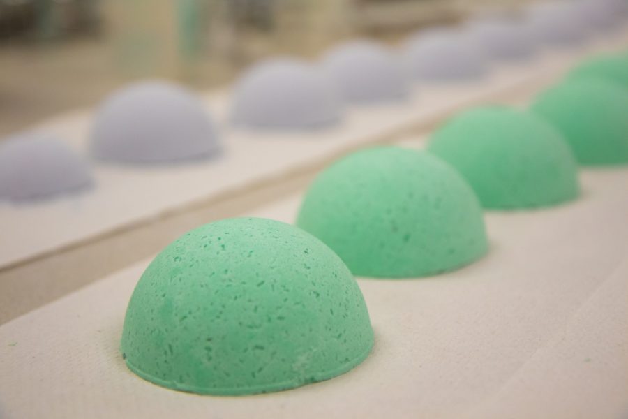 A rosemary scented bath bomb, made by Colorado State Universitys Chemistry Club, sits out to dry overnight. CSUs Chemistry club is hand-making bath bombs to help fundraise for their trip to the annual American Chemical Society conference. (Julia Trowbridge | Collegian)