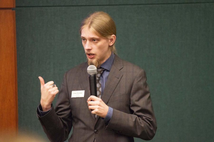 ASCSU Senator Ethan Burshek presents a resolution opposing a recent Colorado law banning the use of all nicotine products on state property. “[This is] directly antithetical to our mission for inclusion,” Burshek said. (AJ Frankson | Collegian)