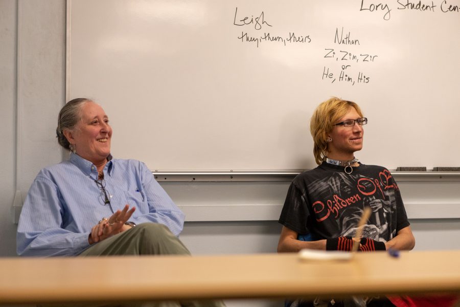 Leigh Redeker and Nathan Klein speak to a student audience during a Visible Voices panel hosted by the Pride Resource Center on campus. Redeker and Klein are both volunteers for the program that intends to increase conversation and knowledge about the LGBTQ community. Redeker says, "[We're here] so we can talk to people and they can get a more personal idea of who we are. We're here to give insights." (Brooke Buchan | Collegian).