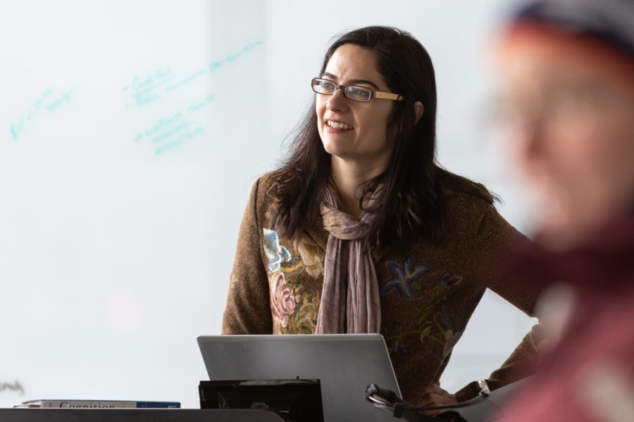 Psychology Professor Anne Cleary presented her ongoing research on “Wearable Technology for Enhancing Learning” in the Nancy Richardson Design Center Tuesday afternoon. Organized by the Center for the Analytics of Learning and Teaching, Dr. Cleary’s presentation represented an integration of cognitive science, technology, and design. As a cognitive psychologist, she also studies and urges students to take different strategies to studying that are grounded in science, like the process of visualization to increase memory. (Brooke Buchan | Collegian)