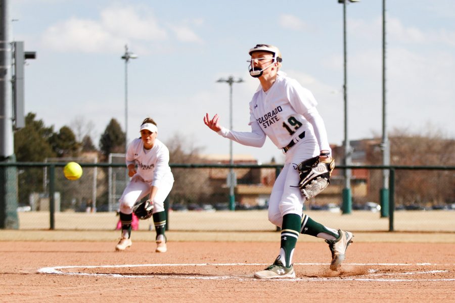 Jessica Jarecki releases a pitch during the first Colorado State Classic March 1. The Rams won all three games they were able to play during the Classic. (Ashley Potts | Collegian)