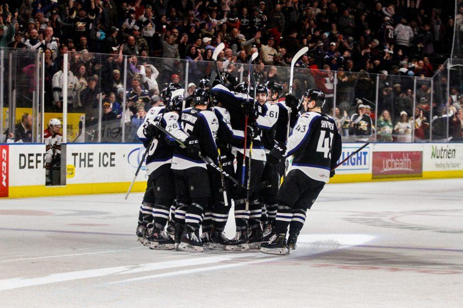 The+Colorado+Eagles+celebrate+an+overtime+win+against+the+Tucson+Roadrunners+at+the+Budweiser+Events+Center+March+2%2C+2019.+%28Photo+Courtesy+of+Colorado+Eagles%29