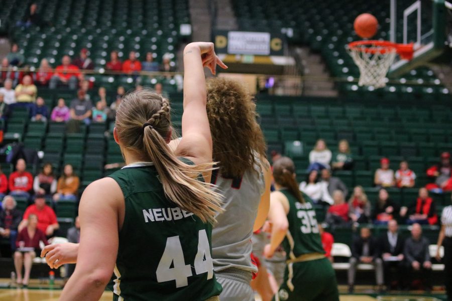 Tatum Neubert(44) looks back after scoring a three, during Colorado State's game vs New Mexico. The Rams fall to the Lobos 79-56. (Devin Cornelius | Collegian)