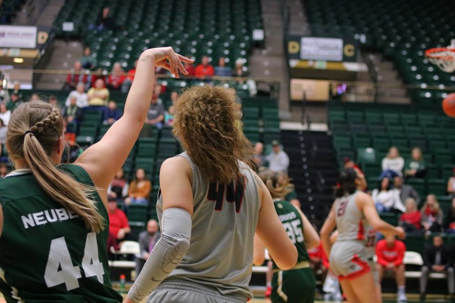 Tatum Neubert(44) looks back after scoring a three, during Colorado State's game vs New Mexico. The Rams fall to the Lobos 79-56. (Devin Cornelius | Collegian)