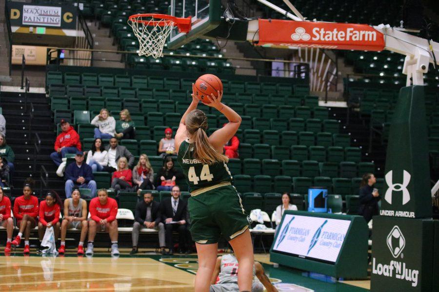 Tatum Neubert(44) jumps and shoots the ball, during Colorado State's game against New Mexico. CSU loses 79-56. (Devin Cornelius | Collegian)