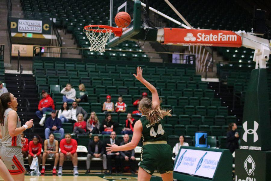 Tatum Neubert(44) jumps and shoots the ball, during Colorado State's game against New Mexico. CSU loses 79-56. (Devin Cornelius | Collegian)