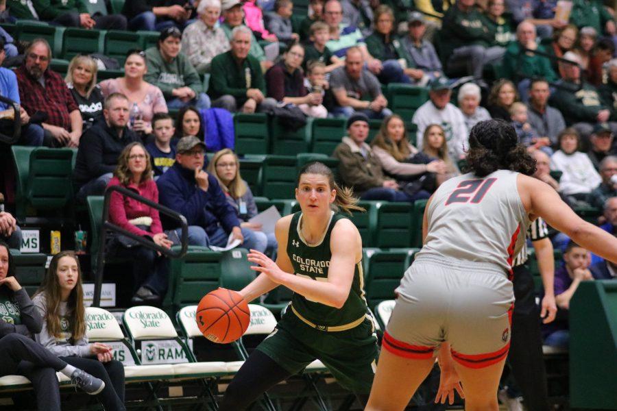 Lore Devos(35) cuts towards the basket during Colorado State's home game against New Mexico. CSU falls against 79-56. (Devin Cornelius | Collegian)