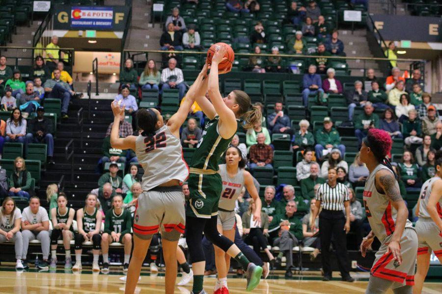 Lore Devos(35) shoots while being defended, during Colorado State's home game against New Mexico. The Rams lose 79-56. (Devin Cornelius | Collegian)