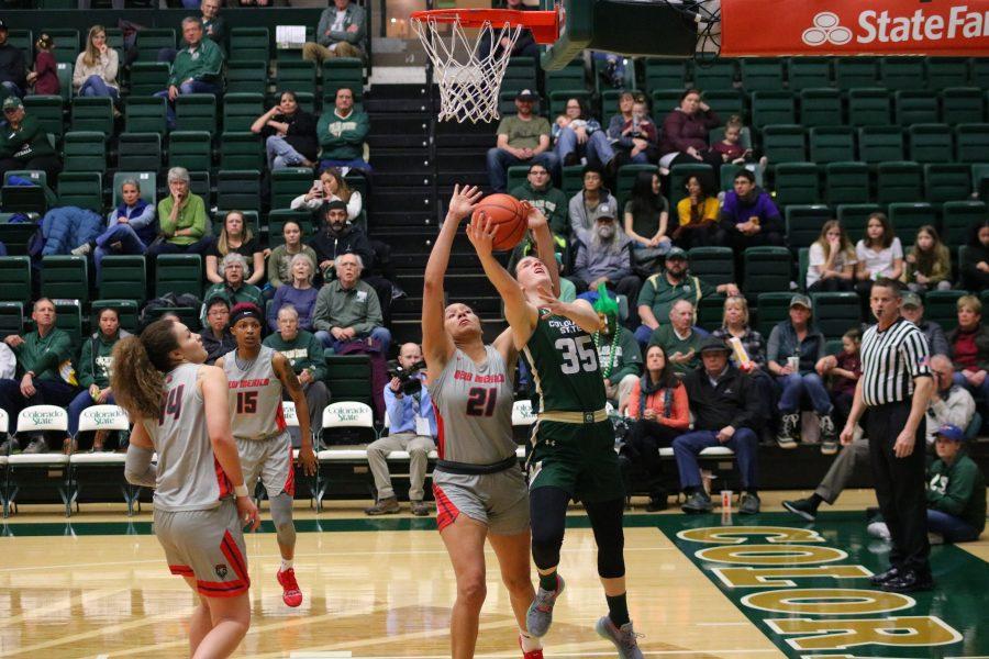 Lore Devos(35) drives under the basket and shoots a backwards layup, during Colorado State University's game against New Mexico. CSU falls at home 79-56.(Devin Cornelius | Collegian)
