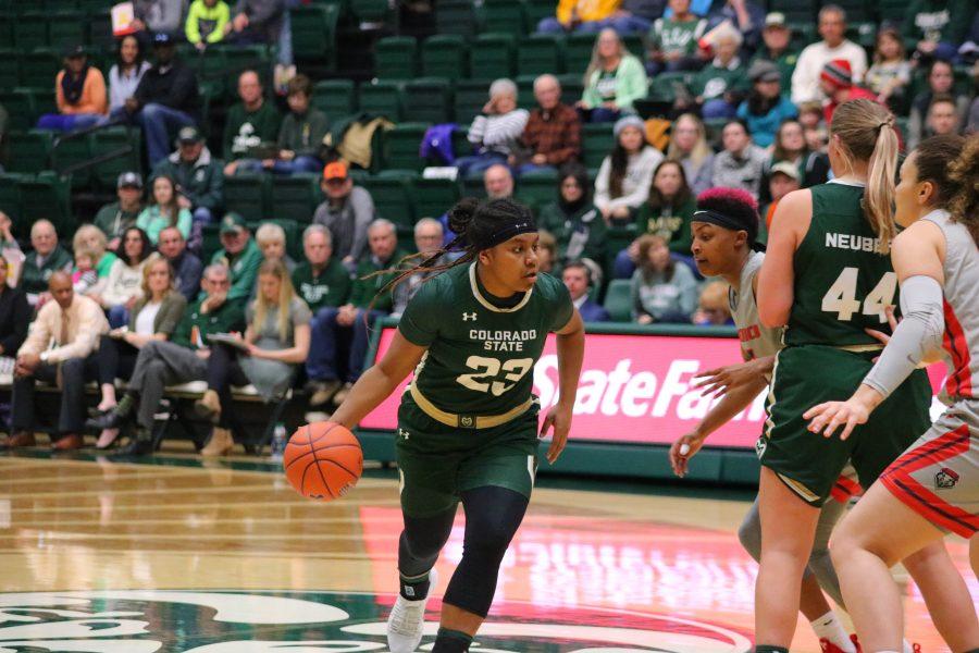 Grace Colaivalu(23) drives past defenders towards the basket, as Colorado State University battles New Mexico at home. CSU falls 79-68. (Devin Cornelius | Collegian)