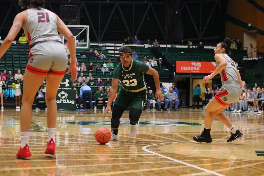 Grace Colaivalu(23) cuts towards the basket, as Colorado State University battles the New Mexico Lobos at home. CSU falls 79-56. (Devin Cornelius | Collegian)