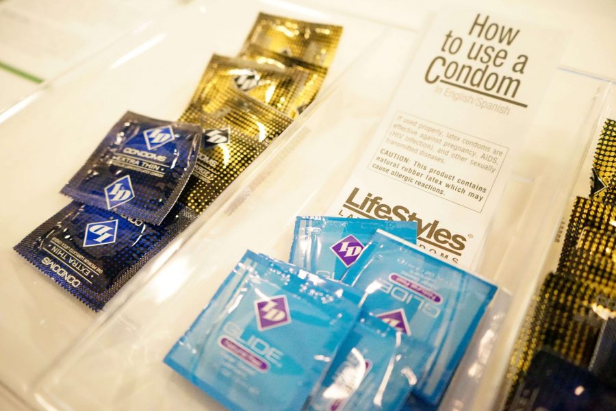 A tray of free condoms at the Colorado State University Health Center. The Health Network at CSU provides a variety of sexual health resources to students. (Skyler Pradhan | Collegian)