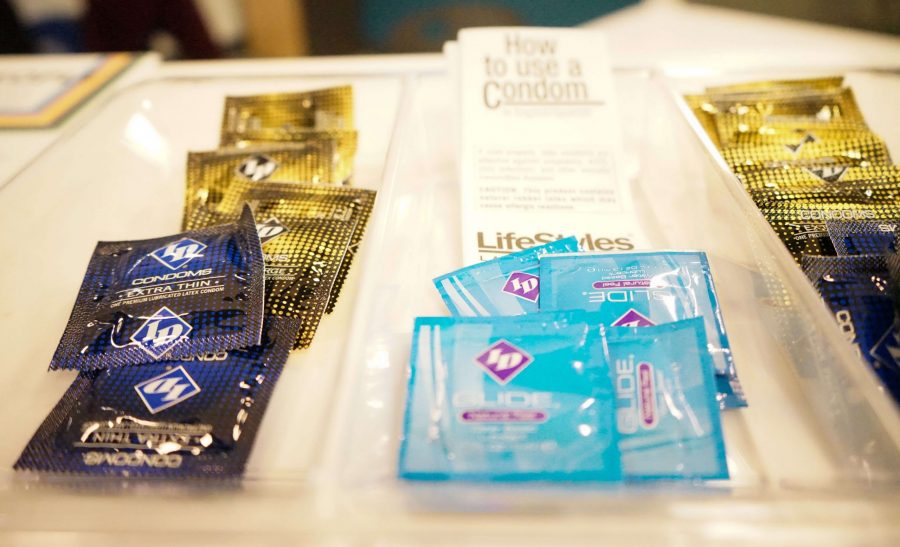 A tray of free condoms at the CSU Health Center. (Skyler Pradhan | Collegian)