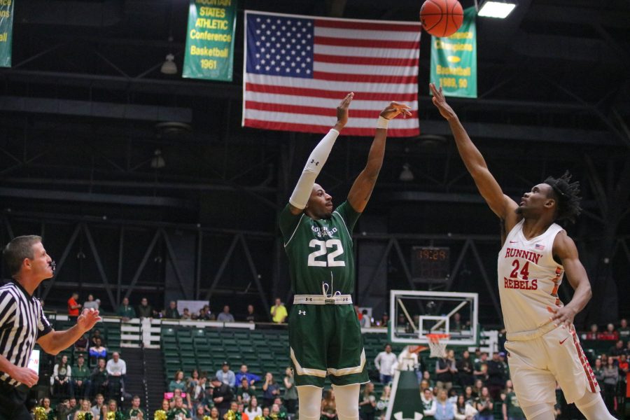 J.D Paige shoots from the three point line, during the Ram's battle against UNLV at home. CSU comes up short 65-60. (Devin Cornelius | Collegian)