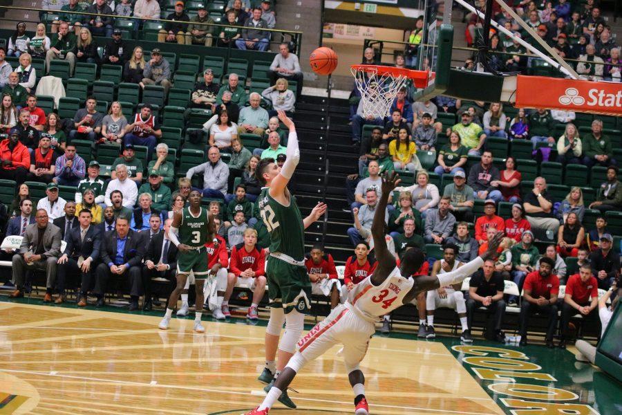 Nico Carvacho (32) pushes his way to the basket and shoots, during CSU's game against UNLV. CSU falls 65-60.(Devin Cornelius | Collegian)