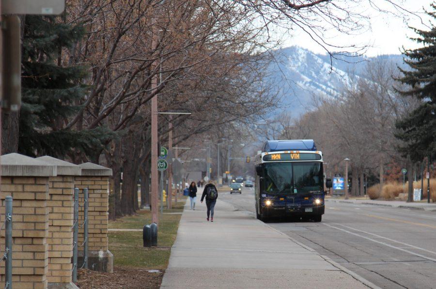 A Transfort bus heading inbound towards the CSU Transit center to drop students off for class on March 11, 2019. (Grace Schatz | Collegian)
