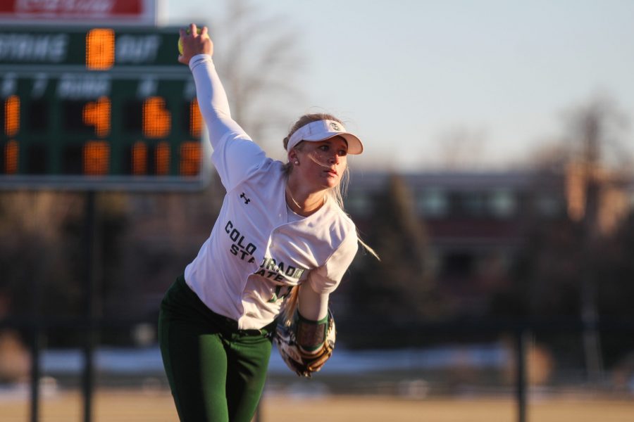 Bridgette Hutton winds up for a pitch during the game against Fresno State March 15. (Ashley Potts | Collegian)