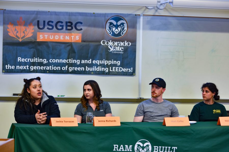 Jenna Richards, Matt Colby, and Melissa Browne, look to Jackie Terrazas as she recounts her experience in the preconstruction student panel on March 26, 2019. (Alyse Oxenford | Collegian)