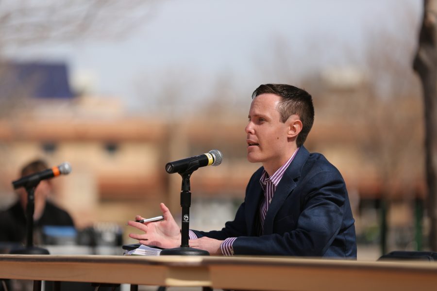 Conner Hendrick answers questions related to the position of Speaker of ASCSU before the president and vice president election debate in the Plaza March 27. (Forrest Czarnecki | Collegian)