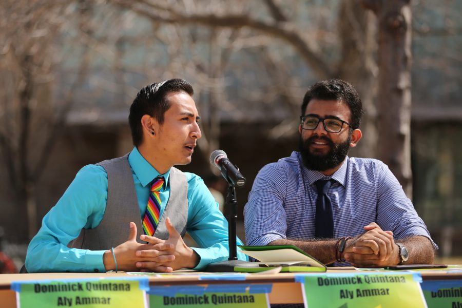 Dominick Quintana and Aly Ammar answer questions during the ASCSU president and vice president election debate in the Plaza March 27. (Forrest Czarnecki | Collegian)